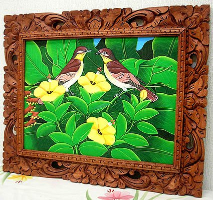 Amazon.co.jp: バリアート絵画M横 森の小鳥達薄茶黄花 アジアン雑貨